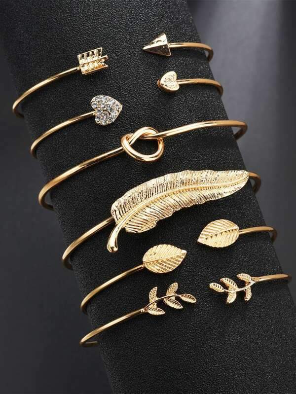 6pcs Leaf & Heart Decor Cuff Bangle - INS | Online Fashion Free Shipping Clothing, Dresses, Tops, Shoes