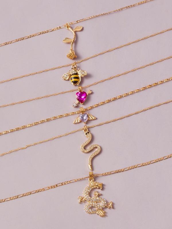 6pcs Rose & Bee Charm Necklace - INS | Online Fashion Free Shipping Clothing, Dresses, Tops, Shoes