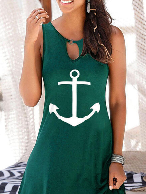 Anchor Print V Neck Sleeveless Dress