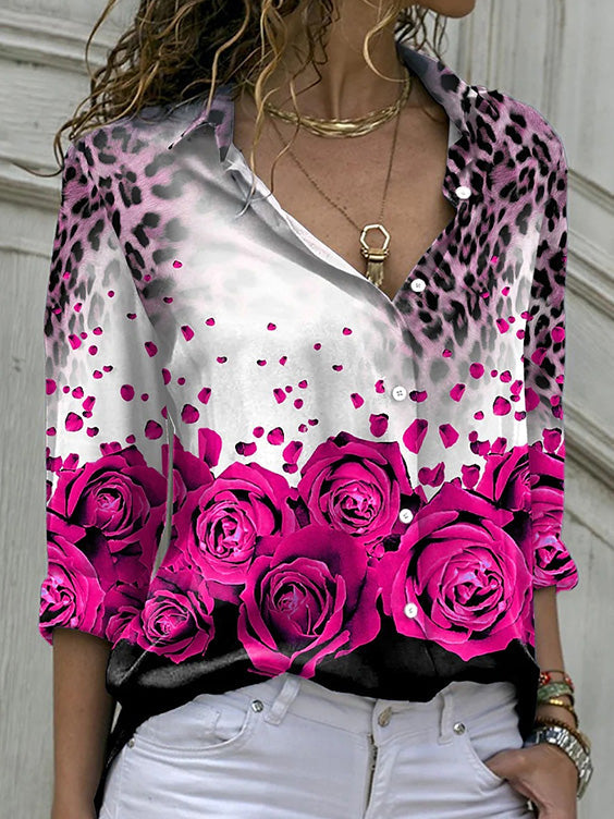 Women's Blouses Printed Lapel Single Breasted Long Sleeve Blouse