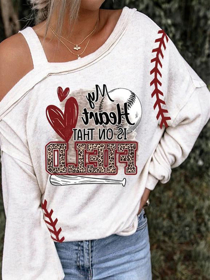 Women's T-Shirts Printed Slanted Shoulder Long Sleeve T-Shirt