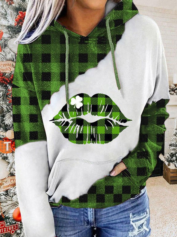 Women's Hoodies Lips Trefoil Pocket Long Sleeve Hoody