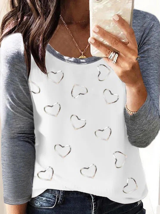 Women's T-Shirts Heart Print Crew Neck Long Sleeve T-Shirt