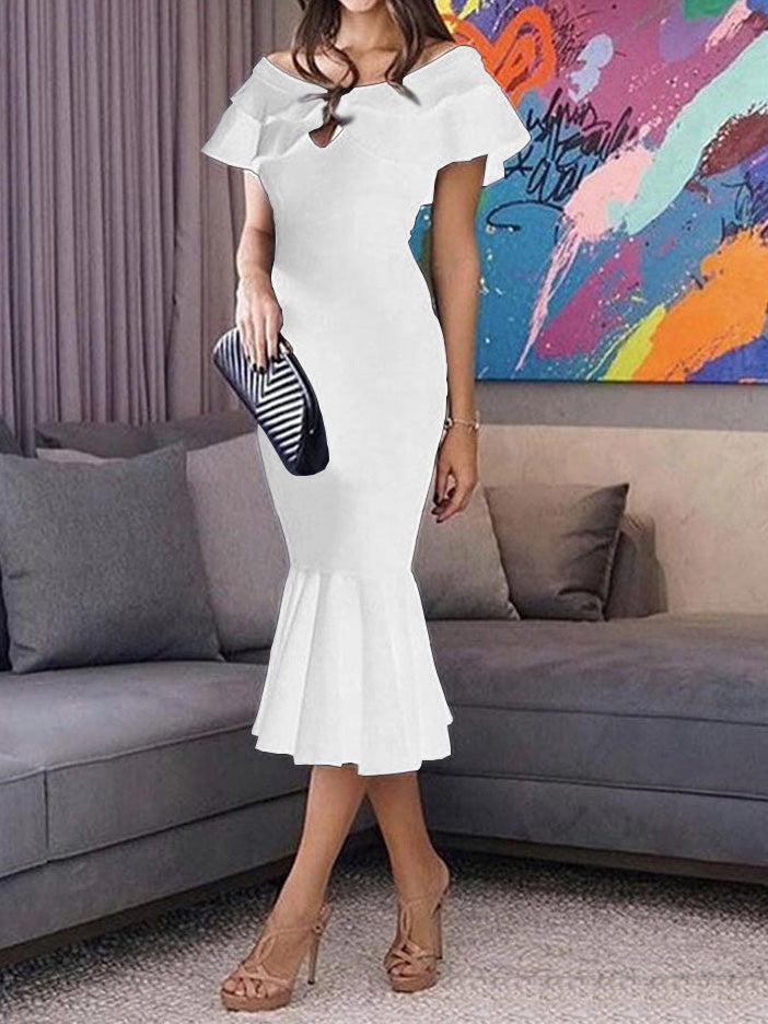 Women's Dresses Ruffled One Word Collar Slim-Fit Fishtail Dress