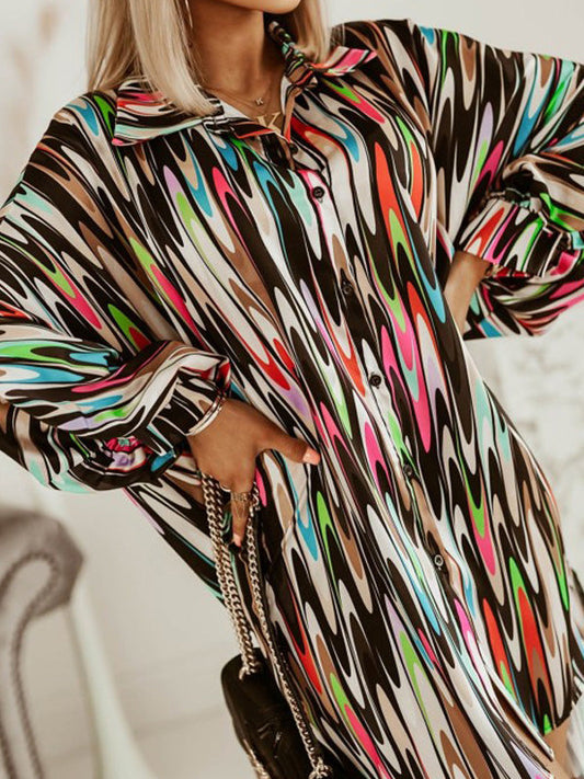 Women's Dresses Multicolor Printed Long Sleeve Shirt Dress