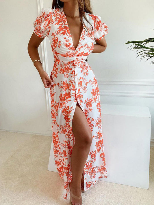 Women's Dresses V-Neck Printed Short Sleeve Slit Dress