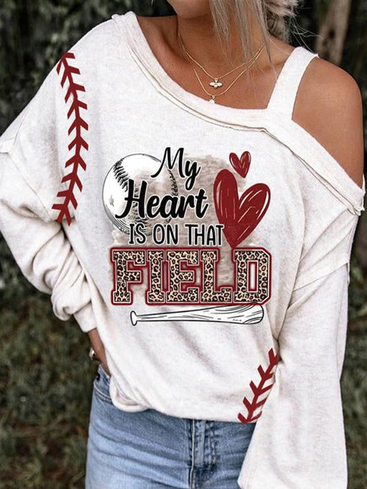 Women's T-Shirts Printed Slanted Shoulder Long Sleeve T-Shirt