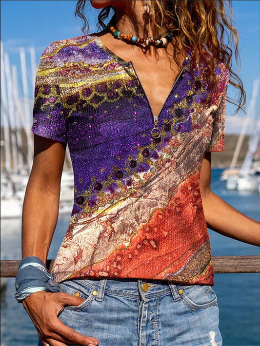 Women's T-Shirts Printed V-Neck Zip Short Sleeve T-Shirt