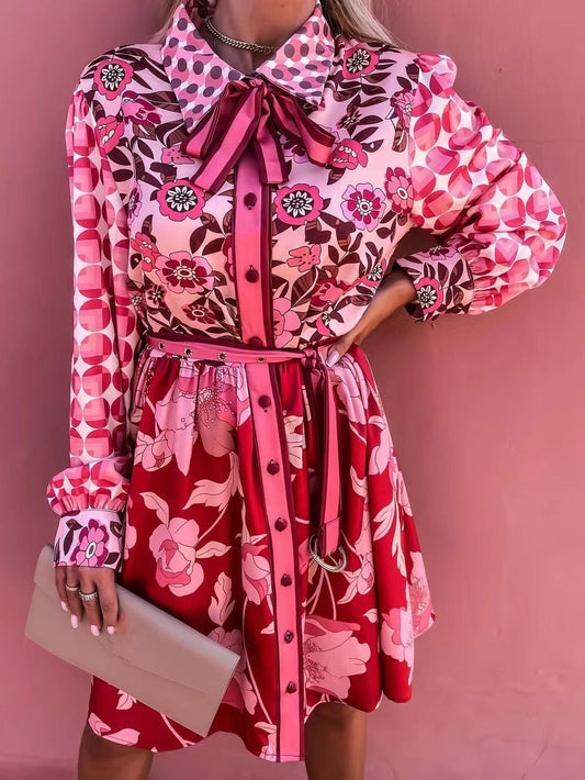 Women's Dresses Printed Shirt Collar Panel Lace-Up Dress