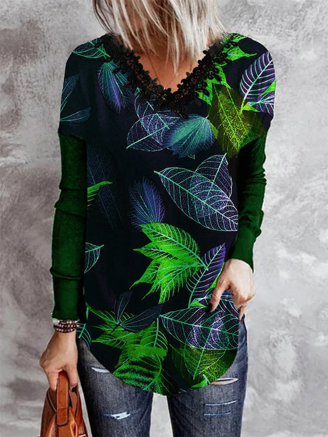 Women's T-Shirts Printed V-Neck Lace Long Sleeve T-Shirt