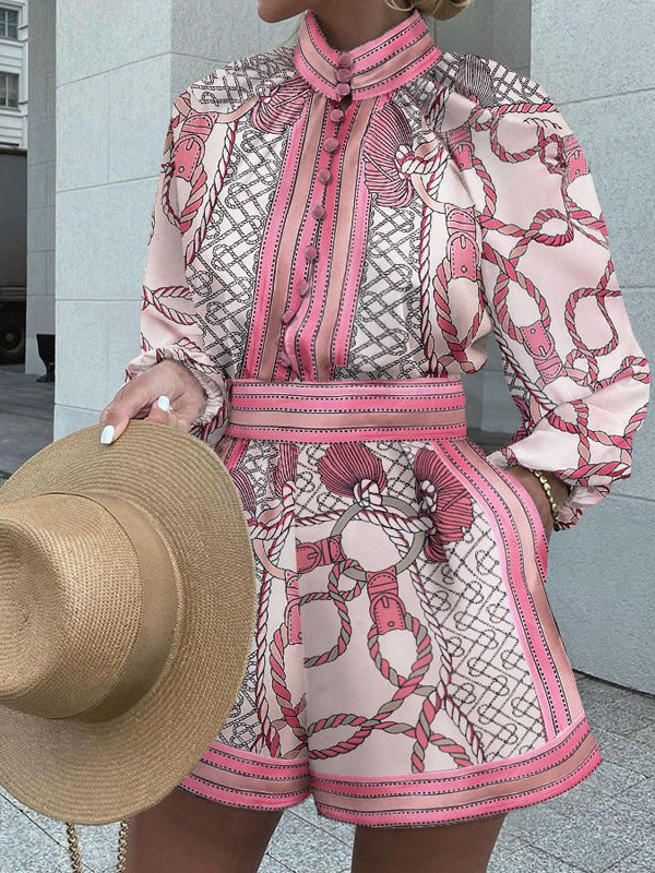 Women's Sets Printed Long Sleeve Top & Shorts Two-Piece Set