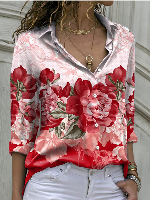 Women's Blouses Printed Lapel Single Breasted Long Sleeve Blouse