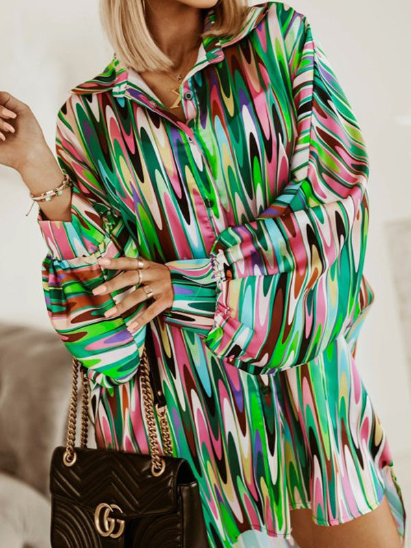 Women's Dresses Multicolor Printed Long Sleeve Shirt Dress