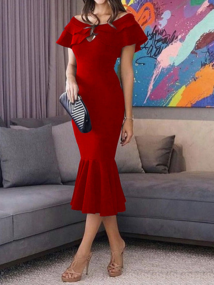 Women's Dresses Ruffled One Word Collar Slim-Fit Fishtail Dress