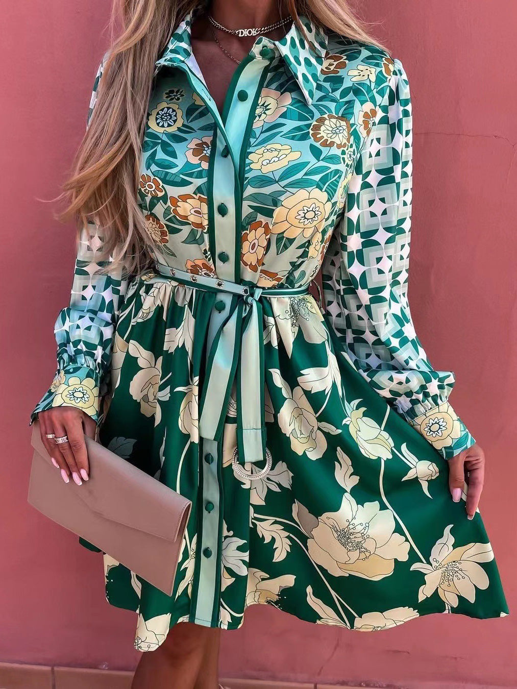Women's Dresses Printed Shirt Collar Panel Lace-Up Dress