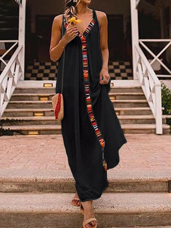 Women's Dresses Sling V-Neck Contrast Panel Dress