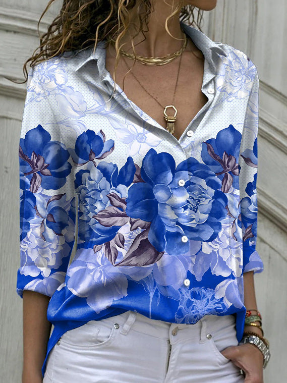 Women's Blouses Printed Lapel Single Breasted Long Sleeve Blouse