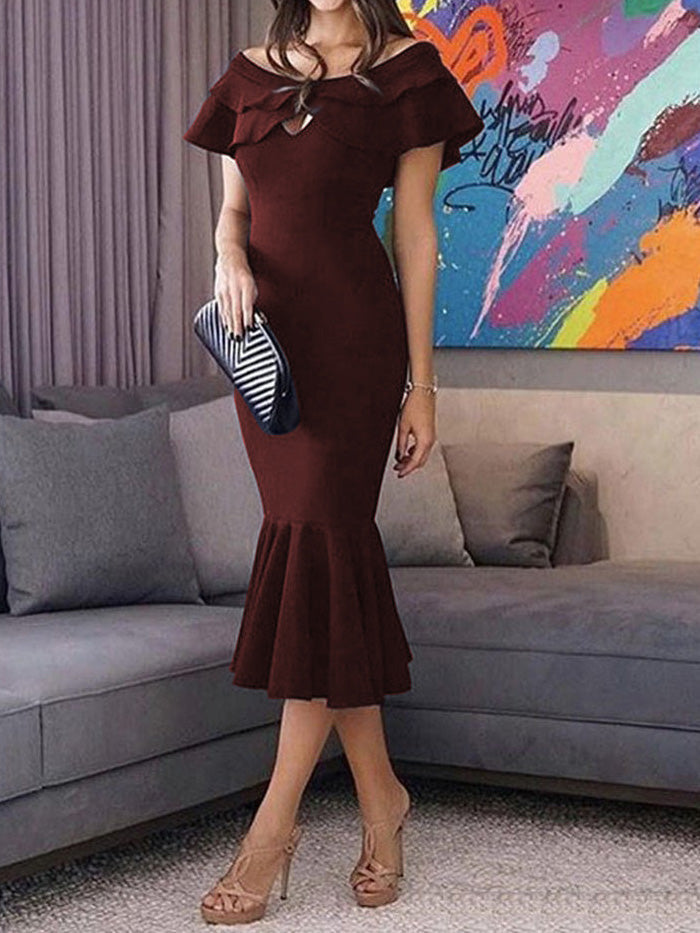 Women's Dresses Ruffled One Word Collar Slim-Fit Fishtail Dress