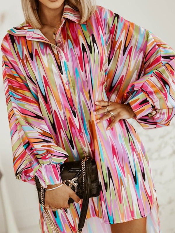Women's Dresses Multicolor Printed Long Sleeve Shirt Dress