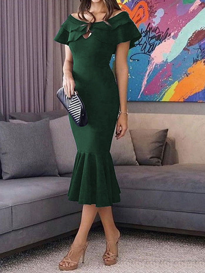 Women's Dresses Ruffled One Word Collar Slim-Fit Fishtail Dress