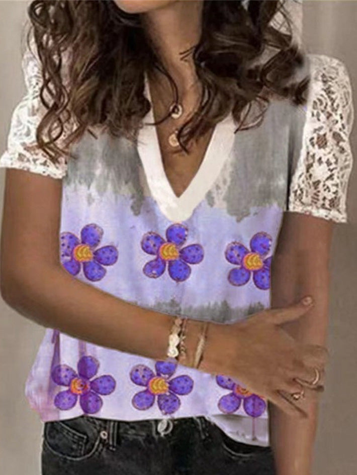 Women's T-Shirts Loose V-Neck Floral Print Lace Short Sleeve T-Shirt