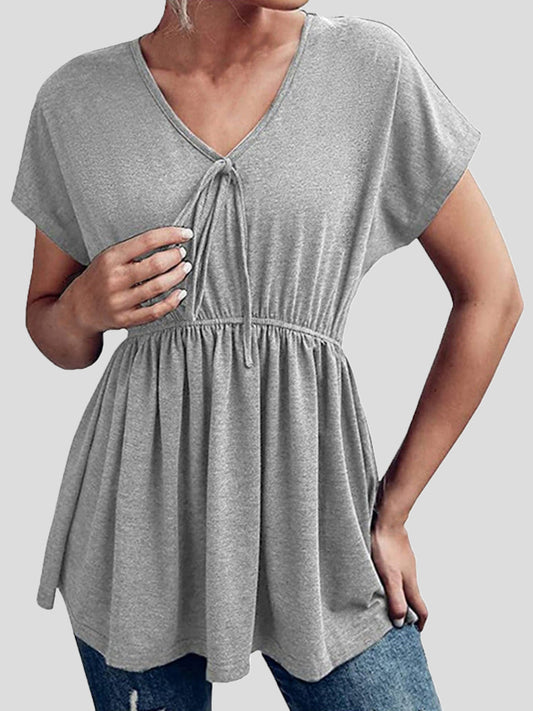 Women's T-Shirts Loose V-Neck Gathered Short Sleeve T-Shirt