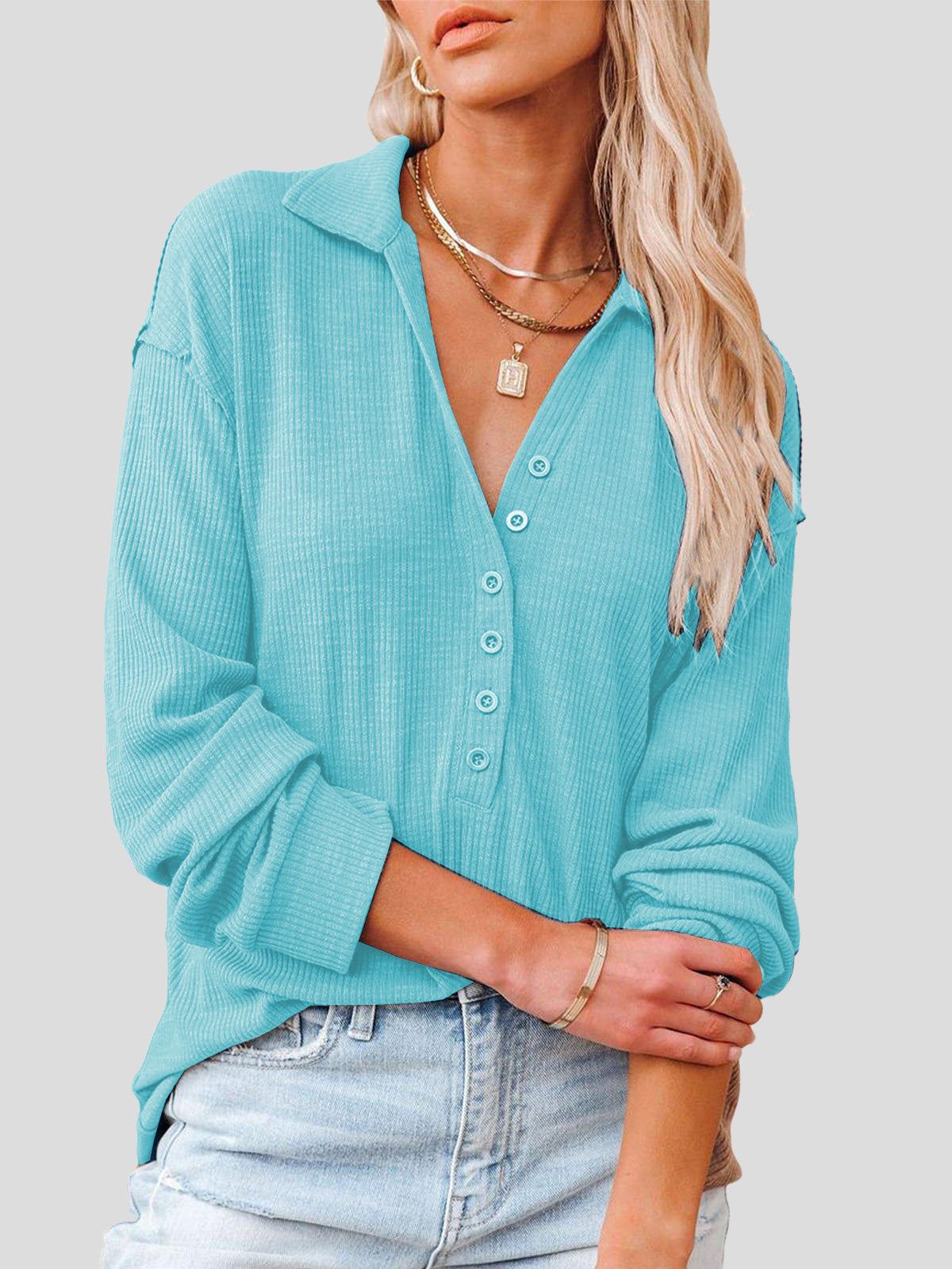 Lapel Fashion Buttoned Long Sleeve Blouses