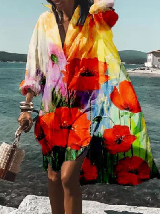 Women's Dresses Loose Lapel Printed Irregular Long Sleeve Shirt Dress