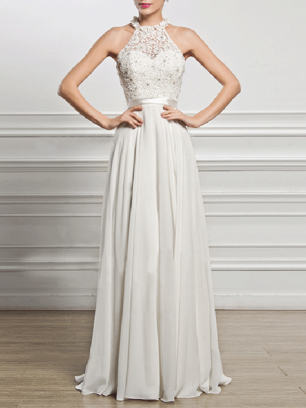 A-Line Scoop Neck Floor-Length Chiffon Lace Bridesmaid Dress With Split Front - Dresses - INS | Online Fashion Free Shipping Clothing, Dresses, Tops, Shoes - 03/02/2021 - Casual - Color_White