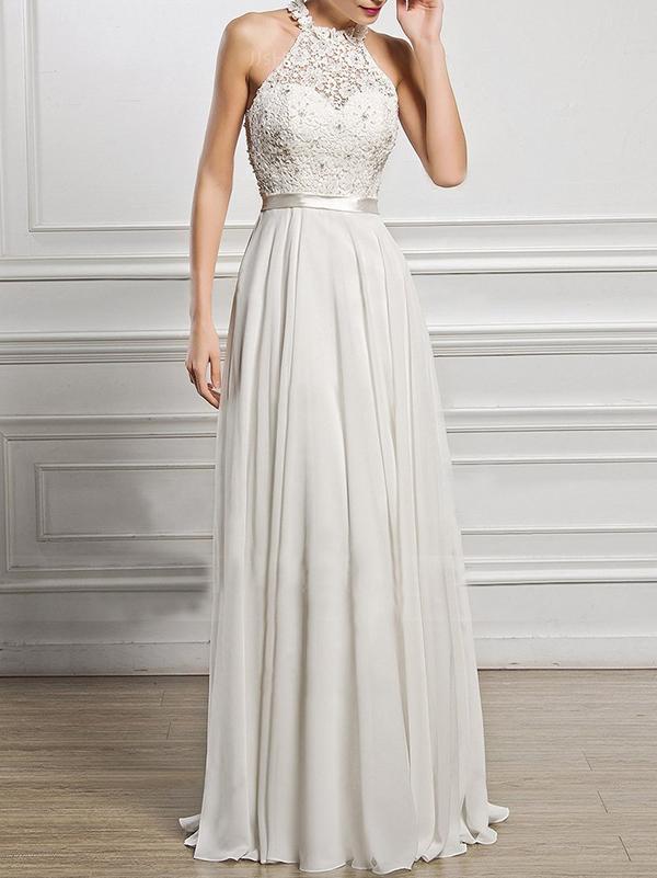 A-Line Scoop Neck Floor-Length Chiffon Lace Bridesmaid Dress With Split Front - Dresses - INS | Online Fashion Free Shipping Clothing, Dresses, Tops, Shoes - 03/02/2021 - Casual - Color_White