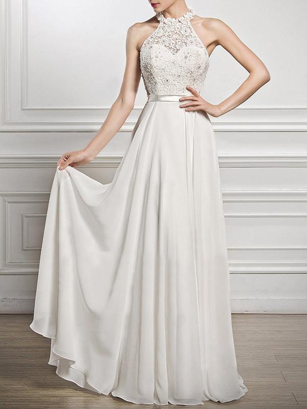 A-Line Scoop Neck Floor-Length Chiffon Lace Bridesmaid Dress With Split Front - Dresses - INS | Online Fashion Free Shipping Clothing, Dresses, Tops, Shoes - 03/02/2021 - Casual - Color_White