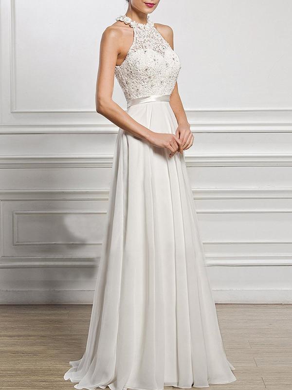 A-Line Scoop Neck Floor-Length Chiffon Lace Bridesmaid Dress With Split Front - Dresses - INS | Online Fashion Free Shipping Clothing, Dresses, Tops, Shoes - 03/02/2021 - Casual - Color_White