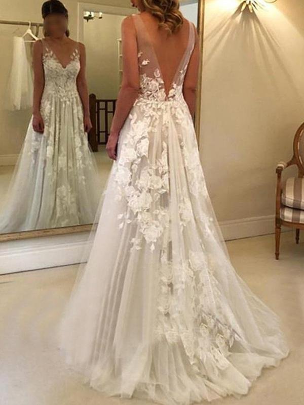A-Line/Princess Sweep/Brush Train V-neck Sleeveless Applique Tulle Wedding Dresses - Dresses - INS | Online Fashion Free Shipping Clothing, Dresses, Tops, Shoes - 03/02/2021 - 2XL - 3XL