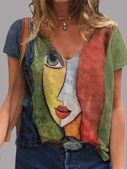 Abstract Character Print V-neck Short Sleeve T-Shirts - T-Shirts - INS | Online Fashion Free Shipping Clothing, Dresses, Tops, Shoes - 10/06/2021 - Category_T-Shirts - HDL