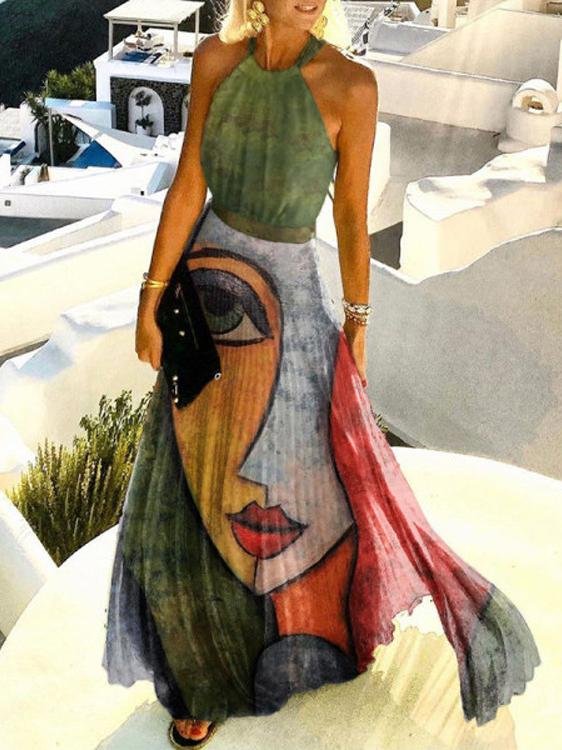 Abstract Pattern Printed Pleated Halterneck Dress - Maxi Dresses - INS | Online Fashion Free Shipping Clothing, Dresses, Tops, Shoes - 23/06/2021 - 30-40 - color-black