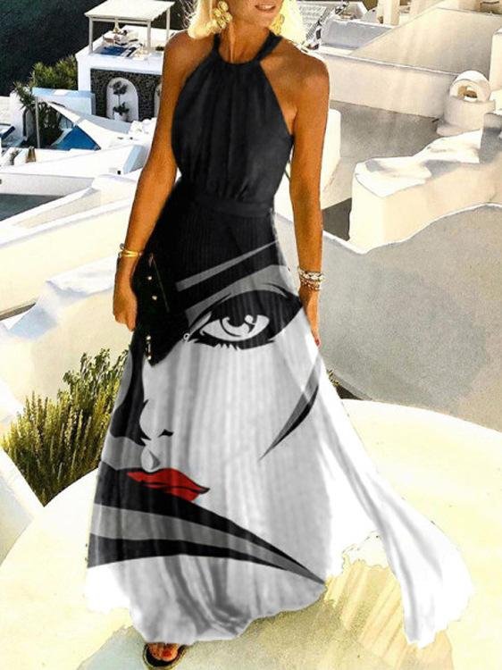 Abstract Pattern Printed Pleated Halterneck Dress - Maxi Dresses - INS | Online Fashion Free Shipping Clothing, Dresses, Tops, Shoes - 23/06/2021 - 30-40 - color-black