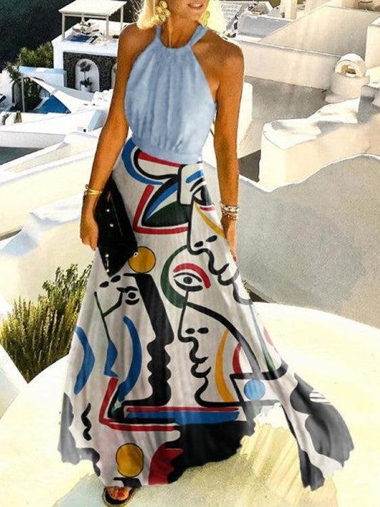 Abstract Pattern Printed Pleated Halterneck Dress - Maxi Dresses - INS | Online Fashion Free Shipping Clothing, Dresses, Tops, Shoes - 23/06/2021 - 30-40 - color-black