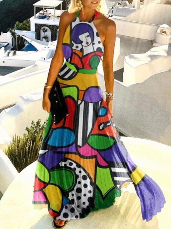 Abstract Pattern Printed Pleated Halterneck Dress - Maxi Dresses - INS | Online Fashion Free Shipping Clothing, Dresses, Tops, Shoes - 23/06/2021 - 30-40 - color-black
