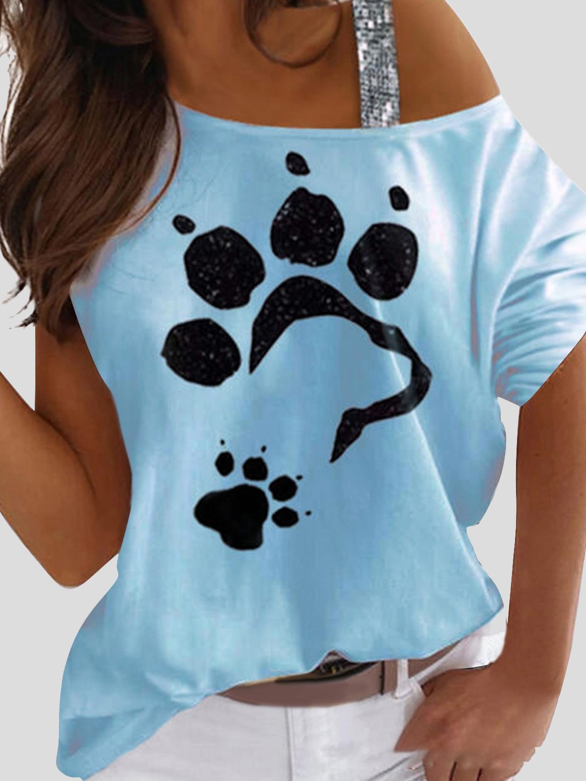 Animal Footprint Print Off Shoulder Casual Short Sleeve T-Shirt - T-Shirts - INS | Online Fashion Free Shipping Clothing, Dresses, Tops, Shoes - 07/07/2021 - 10-20 - Category_T-Shirts