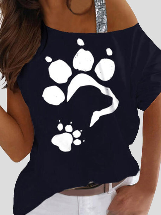 Animal Footprint Print Off Shoulder Casual Short Sleeve T-Shirt - T-Shirts - INS | Online Fashion Free Shipping Clothing, Dresses, Tops, Shoes - 07/07/2021 - 10-20 - Category_T-Shirts