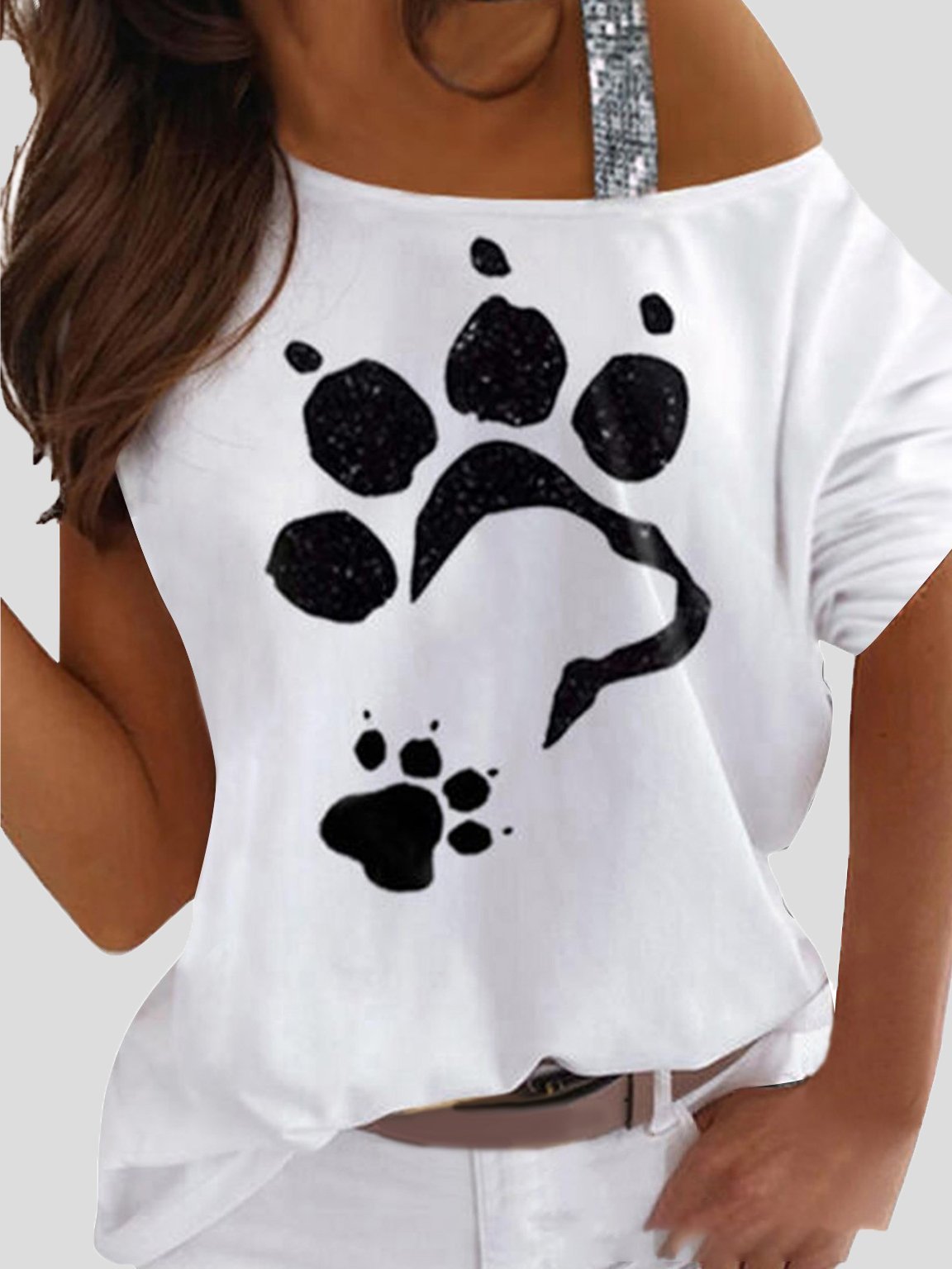 Animal Footprint Print Off Shoulder Casual Short Sleeve T-Shirt - T-Shirts - INS | Online Fashion Free Shipping Clothing, Dresses, Tops, Shoes - 07/07/2021 - 10-20 - Category_T-Shirts