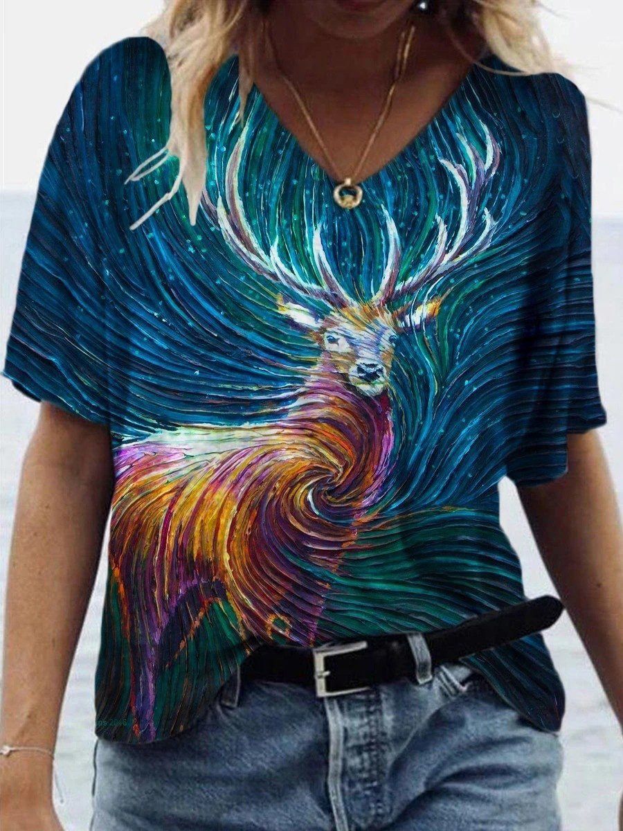 Animal Printed V-neck Short-sleeved T-shirt - T-shirts - INS | Online Fashion Free Shipping Clothing, Dresses, Tops, Shoes - 07/06/2021 - Color_Blue - Color_Green