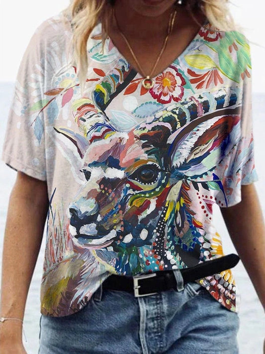 Animal Printed V-neck Short-sleeved T-shirt - T-shirts - INS | Online Fashion Free Shipping Clothing, Dresses, Tops, Shoes - 07/06/2021 - Color_Blue - Color_Green