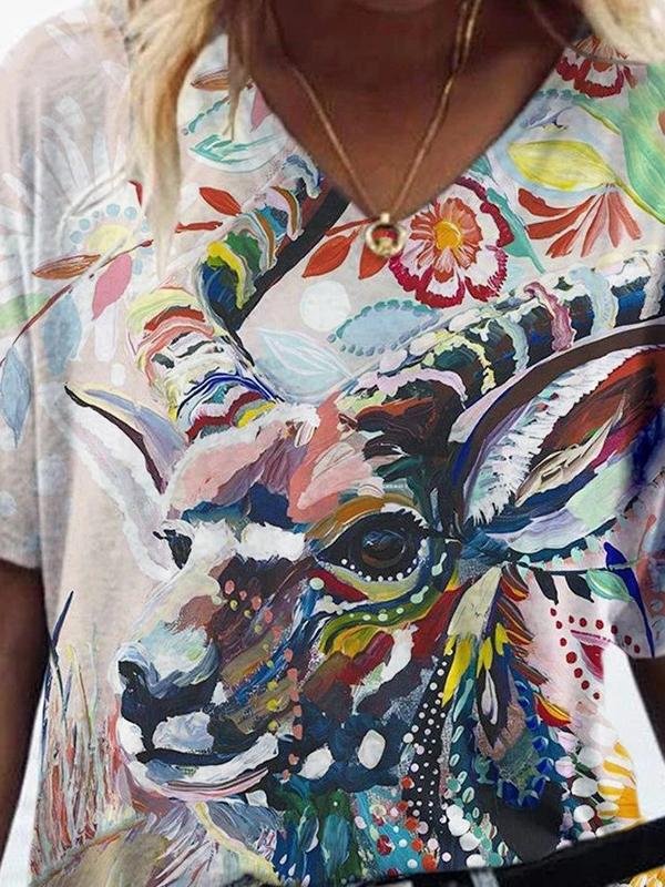 Animal Printed V-neck Short-sleeved T-shirt - T-shirts - INS | Online Fashion Free Shipping Clothing, Dresses, Tops, Shoes - 07/06/2021 - Color_Blue - Color_Green
