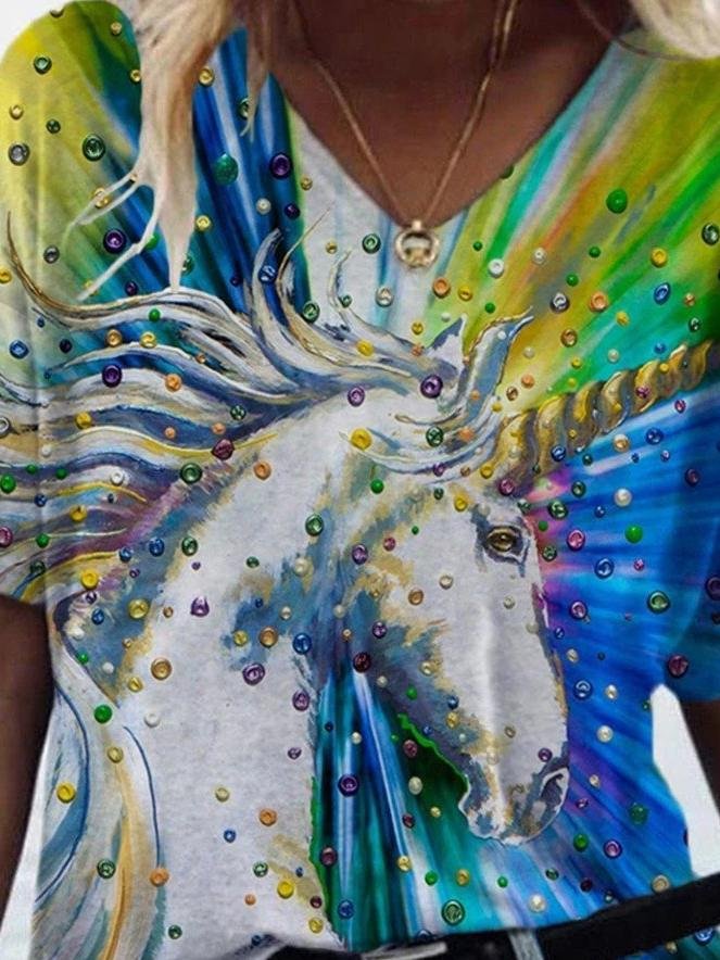 Animal Printed V-neck Short-sleeved T-shirt - T-shirts - INS | Online Fashion Free Shipping Clothing, Dresses, Tops, Shoes - 07/06/2021 - Color_Blue - Color_Green