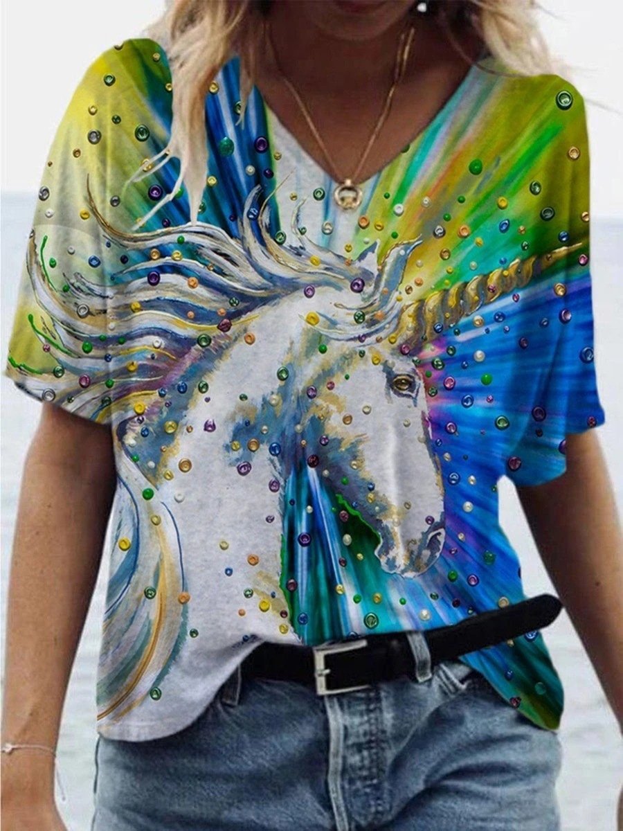 Animal Printed V-neck Short-sleeved T-shirt - T-shirts - INS | Online Fashion Free Shipping Clothing, Dresses, Tops, Shoes - 07/06/2021 - Color_Blue - Color_Green
