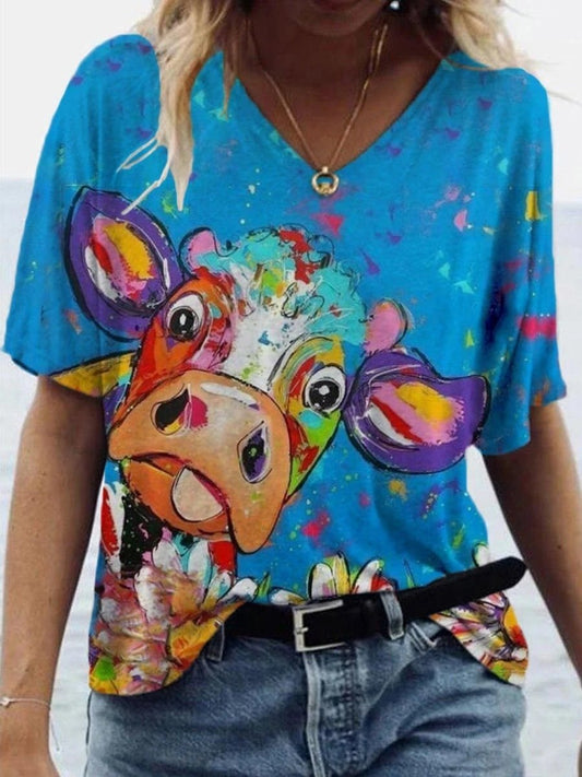 Animal Printed V-neck T-shirt - T-shirts - INS | Online Fashion Free Shipping Clothing, Dresses, Tops, Shoes - 08/06/2021 - Color_Blue - Color_Red