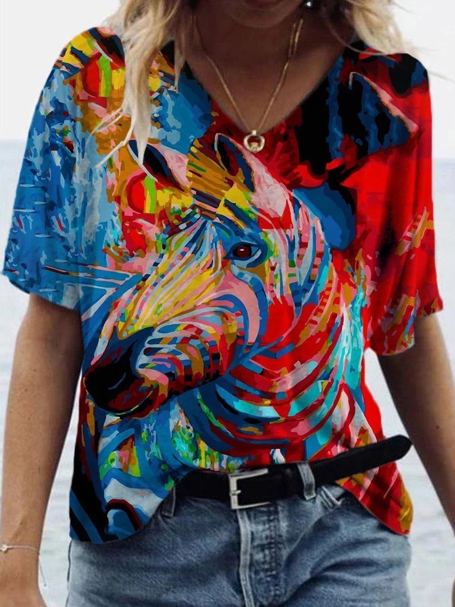 Animal Printed V-neck T-shirt - T-shirts - INS | Online Fashion Free Shipping Clothing, Dresses, Tops, Shoes - 08/06/2021 - Color_Blue - Color_Red