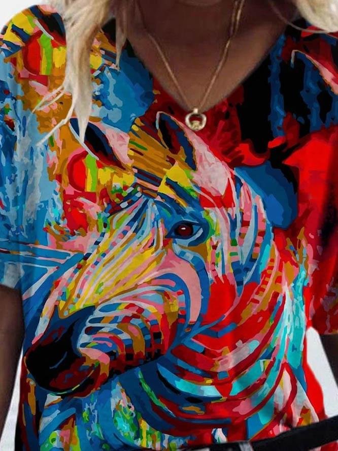 Animal Printed V-neck T-shirt - T-shirts - INS | Online Fashion Free Shipping Clothing, Dresses, Tops, Shoes - 08/06/2021 - Color_Blue - Color_Red