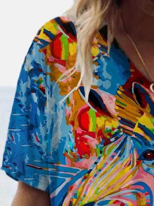 Animal Printed V-neck T-shirt - T-shirts - INS | Online Fashion Free Shipping Clothing, Dresses, Tops, Shoes - 08/06/2021 - Color_Blue - Color_Red